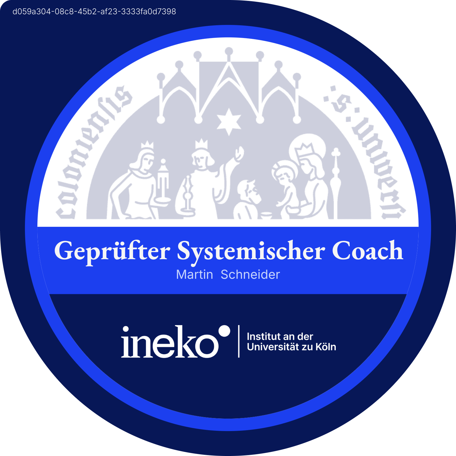 Zertifikat von INEKO Institut an der Universität zu Köln, auf dem zu erkennen ist, dass Martin Schneider geprüfter systemischer Coach ist.